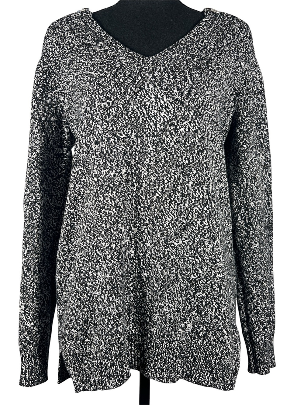 Michael Kors Black and White V-Neck Zipper Shoulder Sweater, Size Medium